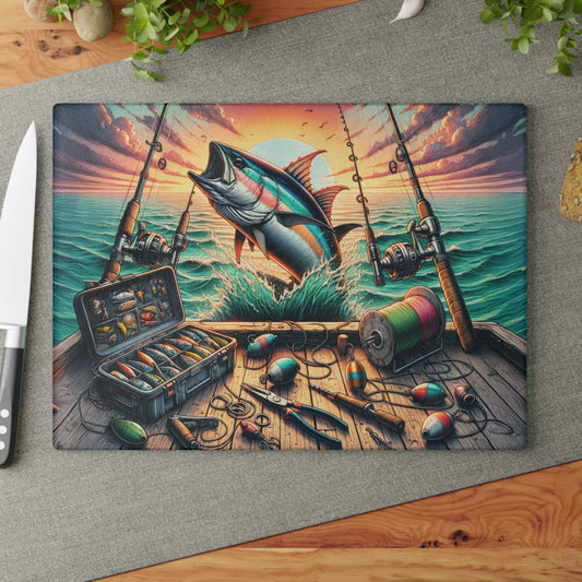 Fishing Life, Sports Fishing Glass Cutting Board, Charcuterie Serving Tray 2 Sizes