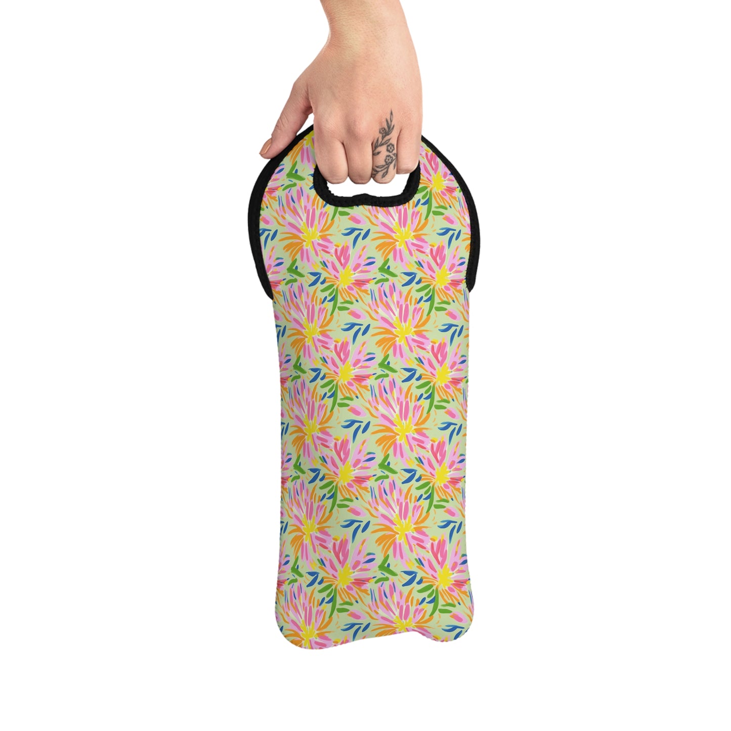 Blossoms in Bloom: Watercolor Pink and Yellow Flower Bursts Design Wine Tote Bag Reusable Eco Friendly