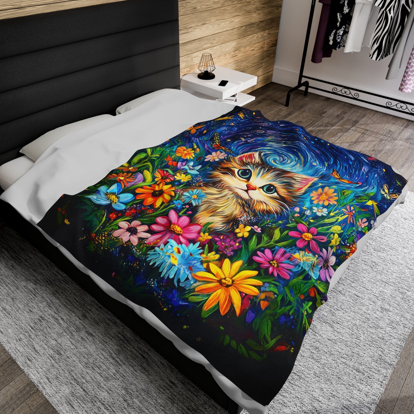 Whimsical Kitten Amidst a Van Gogh-Inspired Floral Fantasy Velveteen Plush Blanket 3 Sizes