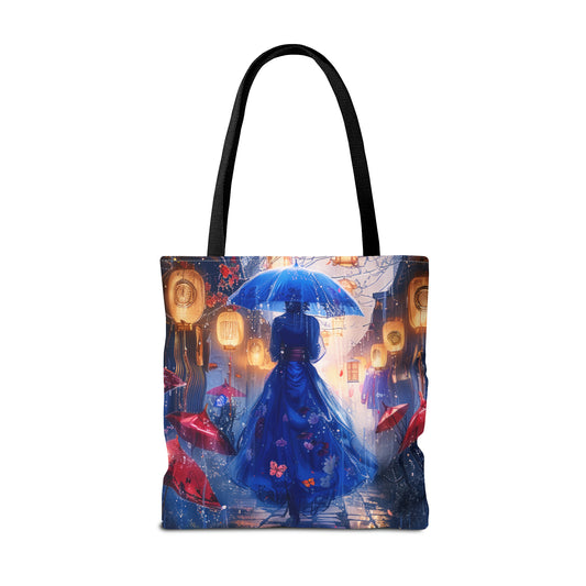 Serenity in the Rain: Japanese Women in Blue Dresses, Red Umbrellas, and Paper Lanterns Canvas Tote Bag - 3 Sizes