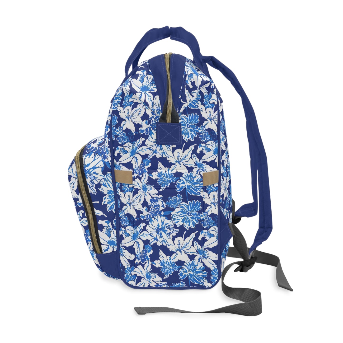 Oceanic Bloom: Watercolor Tropical Flowers in White and Blue against a Deep Blue Background Multifunctional Diaper Backpack