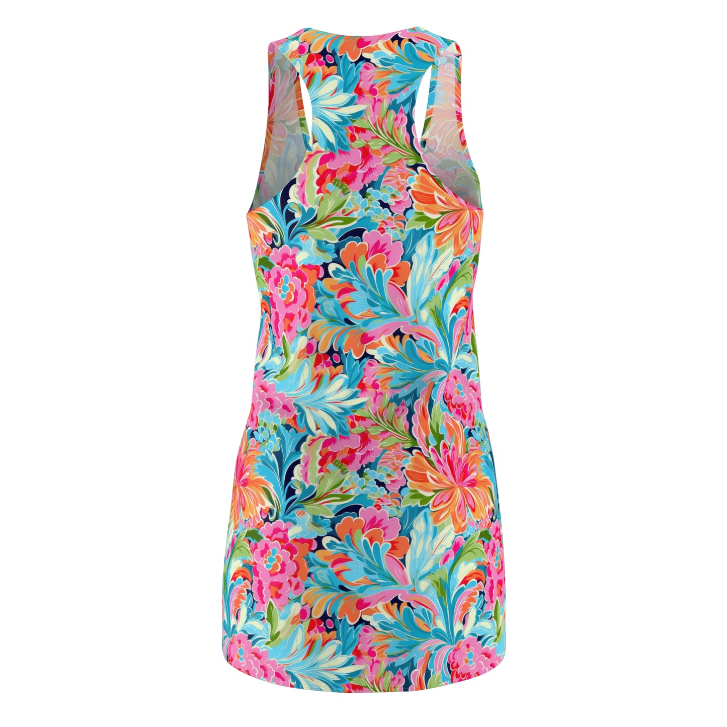 Tropical Radiance: Bursting Summer Blooms in Teal, Orange, and Pink Women's Racerback Dress XS - 2XL