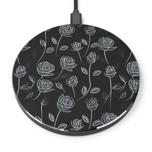 Contrasting Elegance: White Outlined Roses on a Black Background Wireless Cell Phone 10W Charger