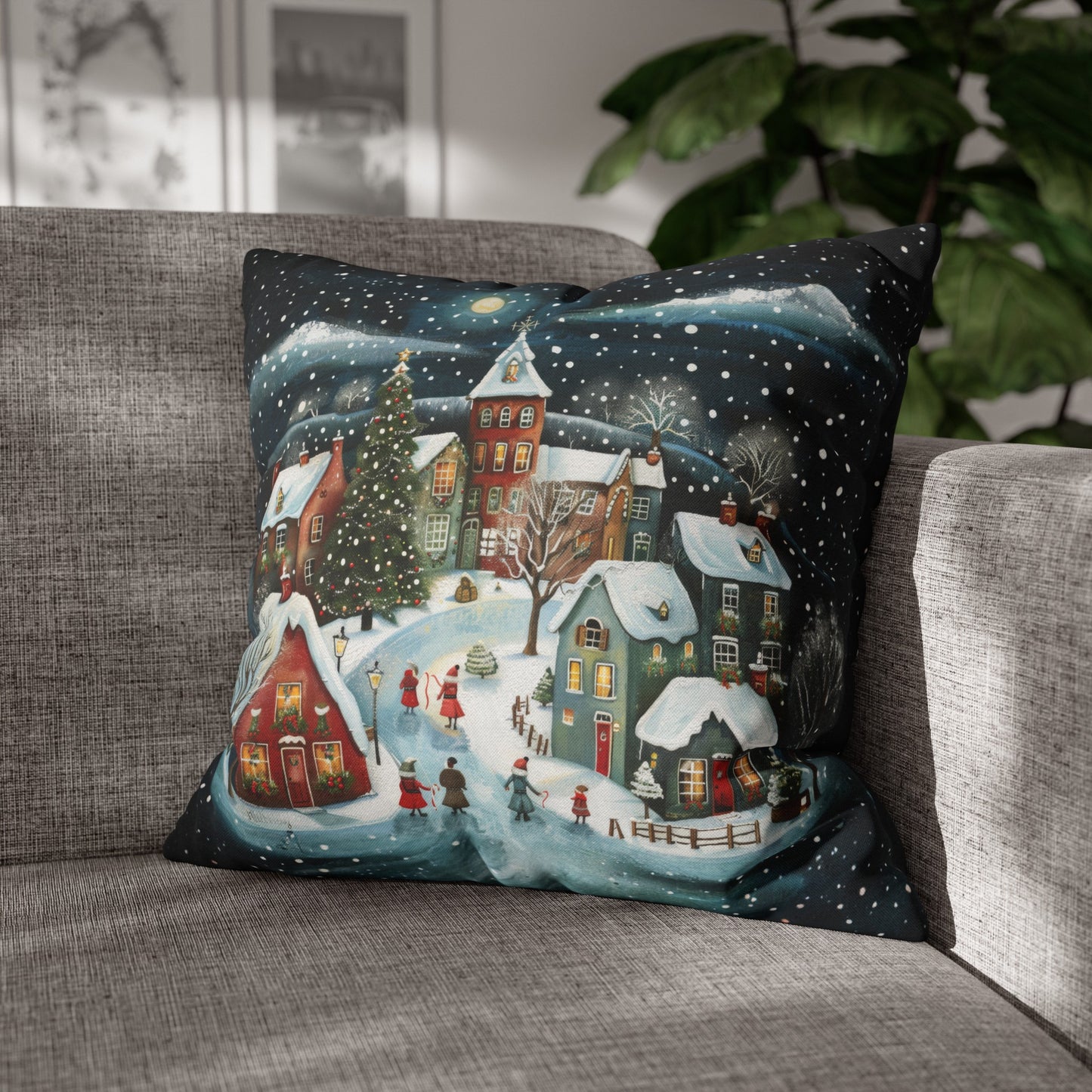 Midnight Magic: Winter Town Aglow with Christmas Decorations and Tree Spun Polyester Square Pillowcase 4 Sizes