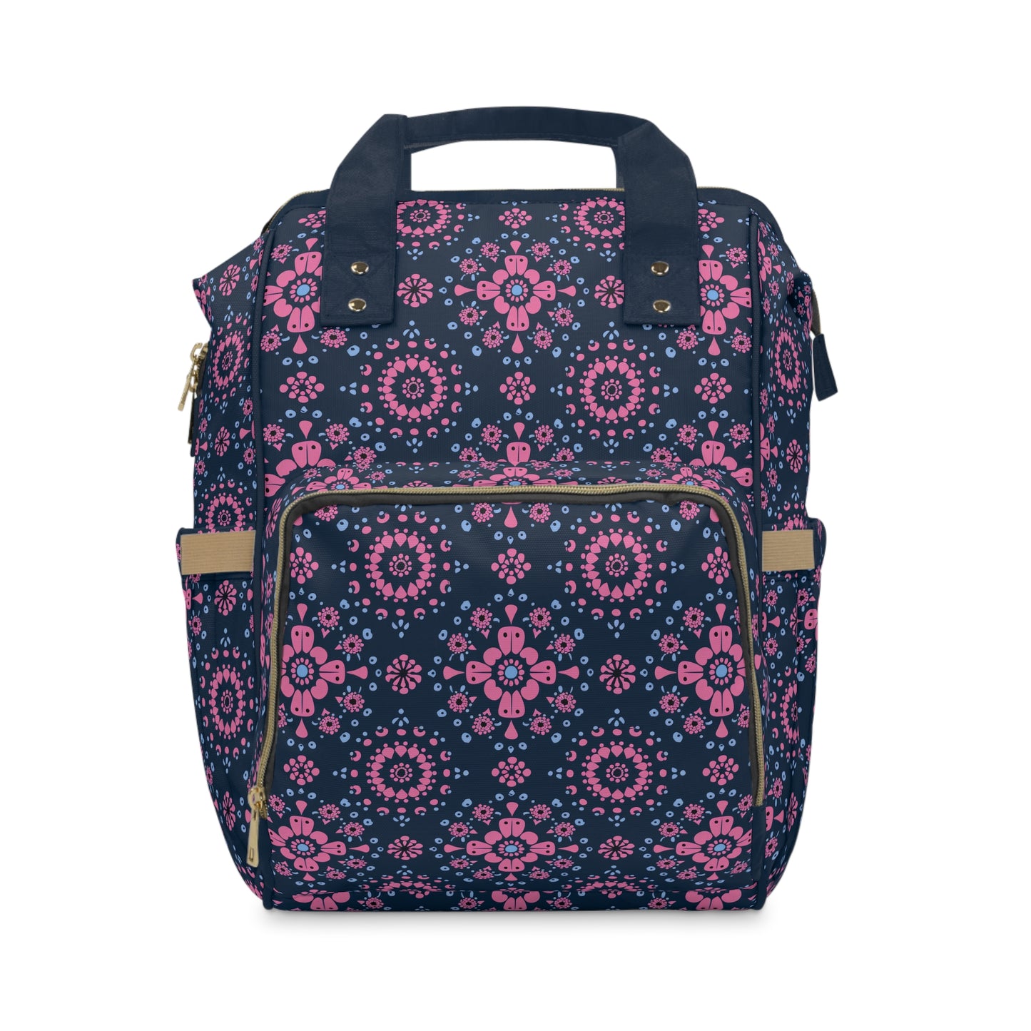 Midnight Garden in Pink and Blue Floral Mandala Pattern on Navy Multifunctional Diaper Backpack