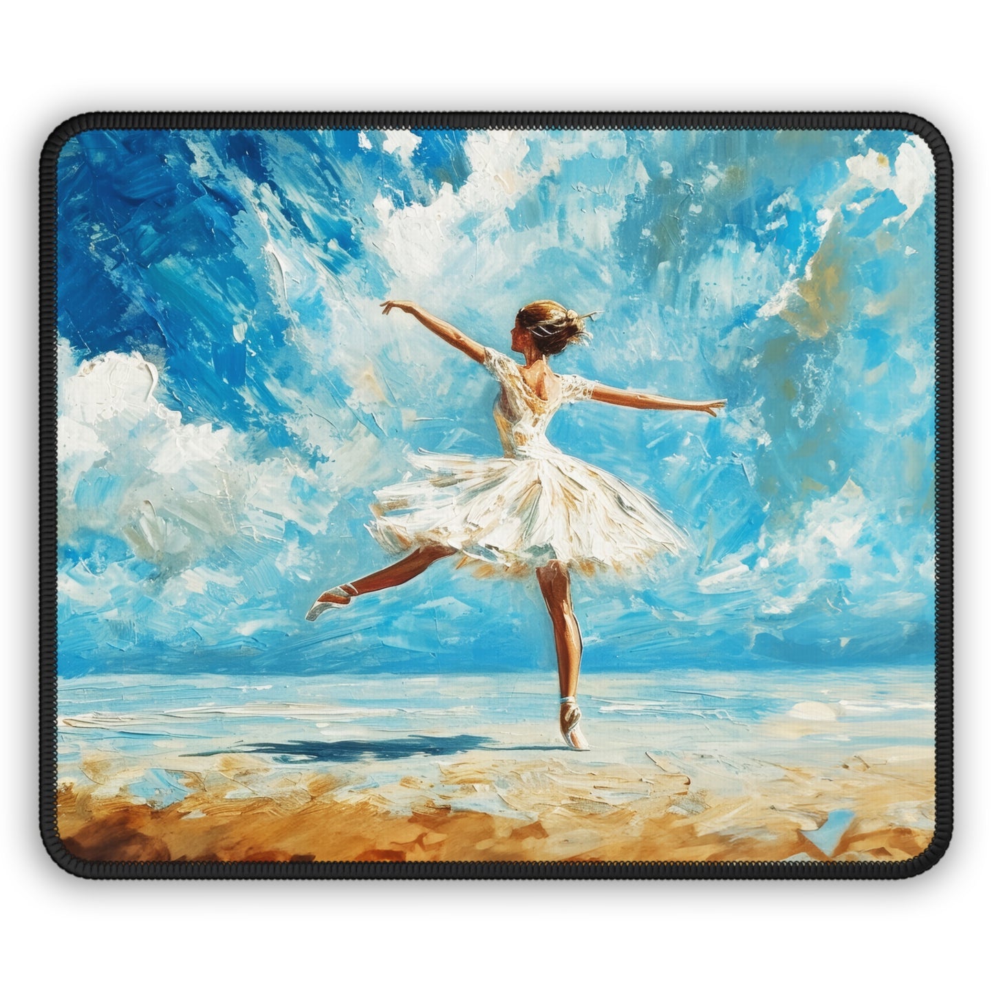 Coastal Elegance: Ballerina Dancing in White Amidst Beach Sunlight Gaming Mouse Pad with Finished Edges