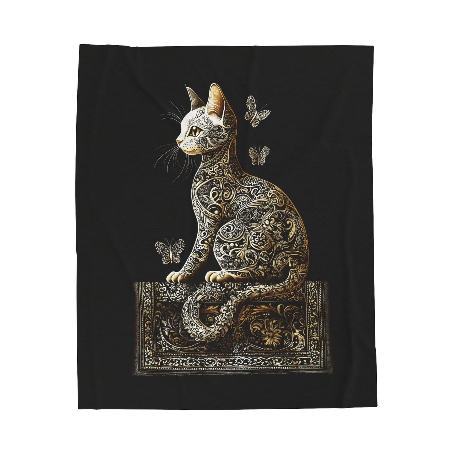 Ornate Black and Gold Paisley Cat with Fluttering Butterflies Velveteen Plush Blanket 3 Sizes