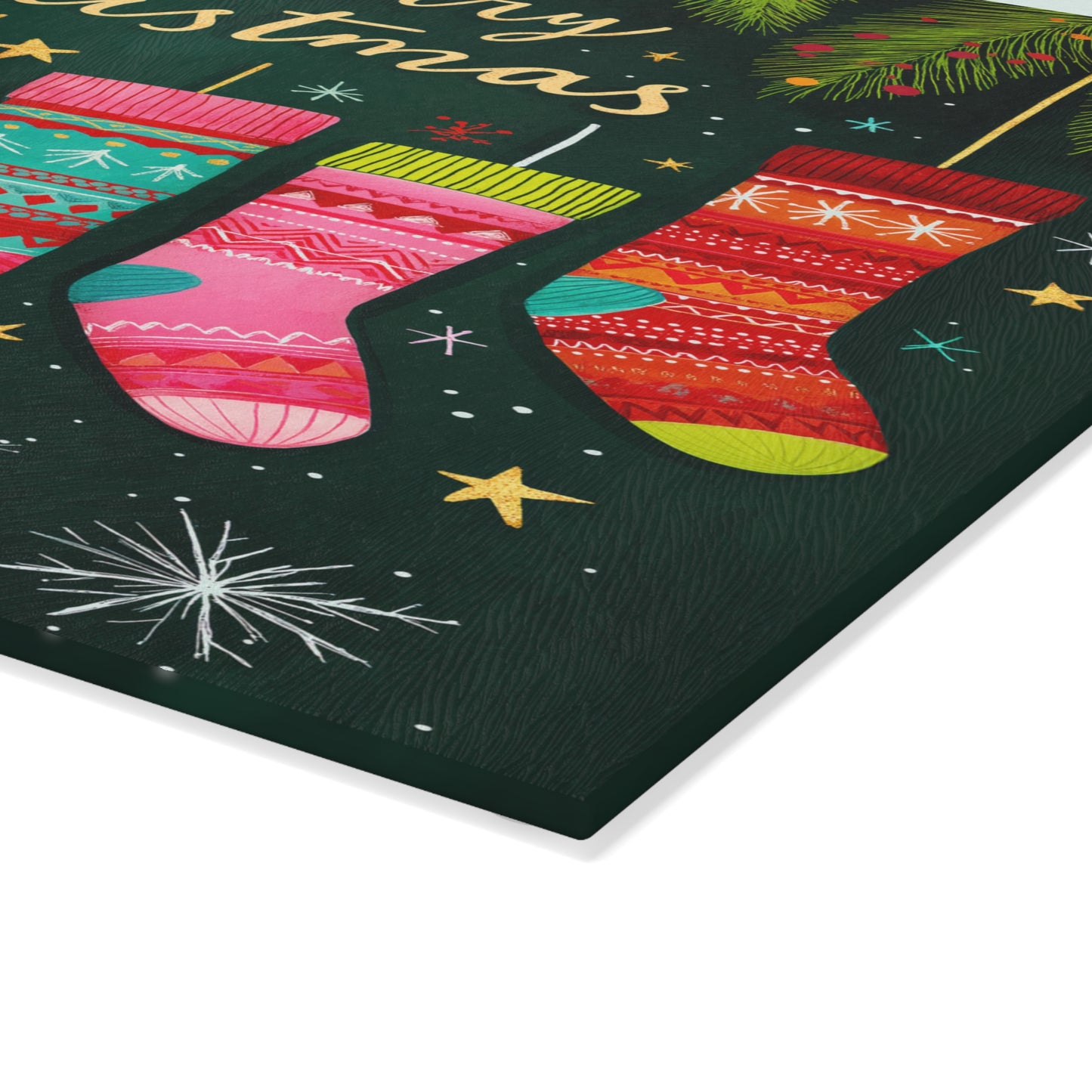 Merry Christmas Stockings Glass Cutting Board, Charcuterie Serving Tray 2 Sizes