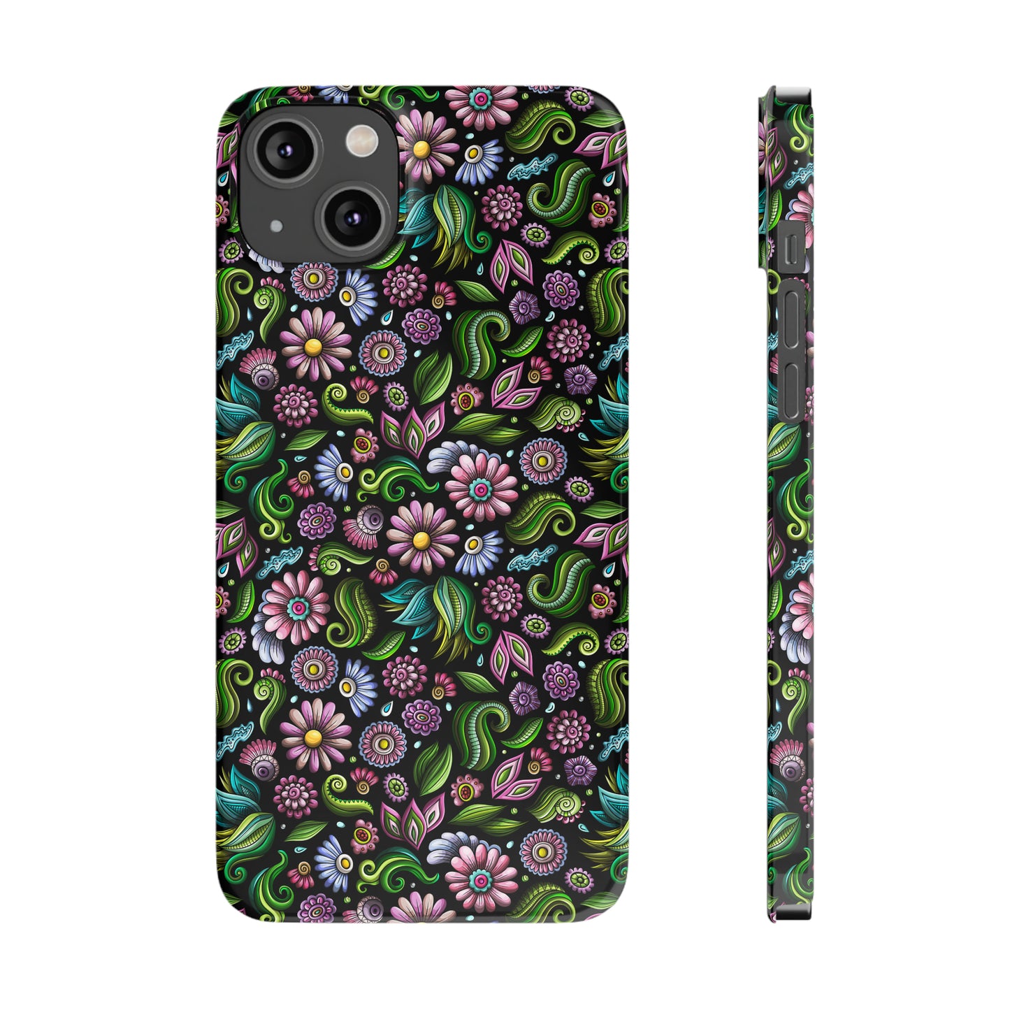 Purple & Pink Daisy Floral Print on Black Background Iphone 15-12 Slim Phone Case