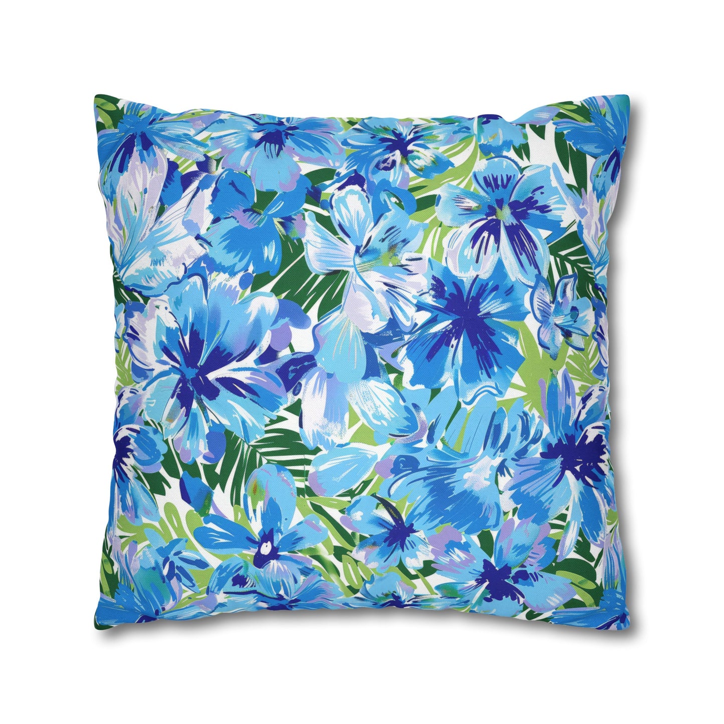 Azure Bloom Oasis: Bright Blue Large Flowers with Lush Green Palm Leaves Spun Polyester Square Pillowcase 4 Sizes