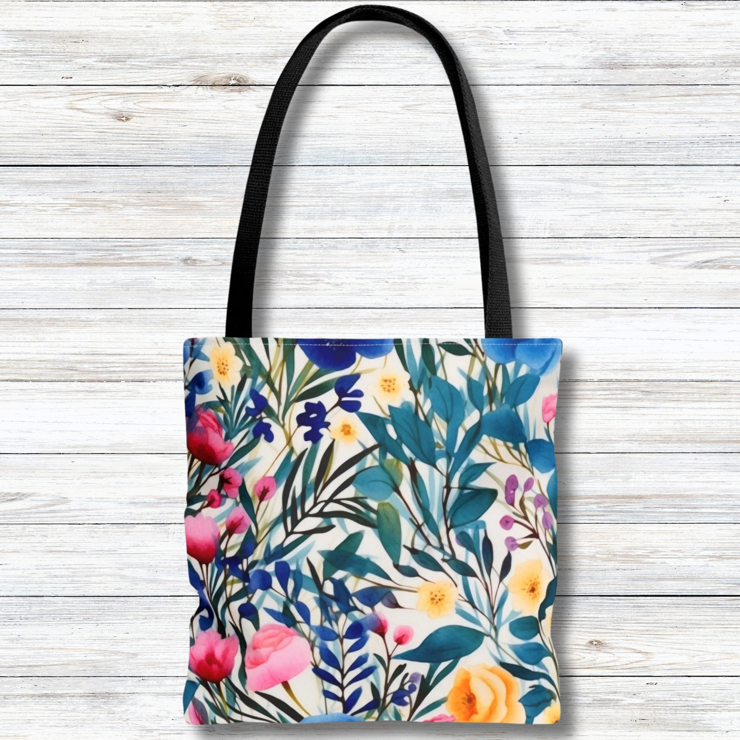 Blooming Brilliance: Large Watercolor Floral Design in Blue, Yellow, and Pink  - Canvas Tote 3 Sizes