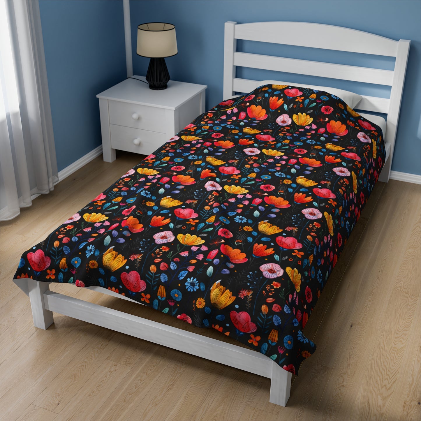 Vibrant Spring Blooms in a Kaleidoscope of Colors on Black Velveteen Plush Blanket 3 Sizes