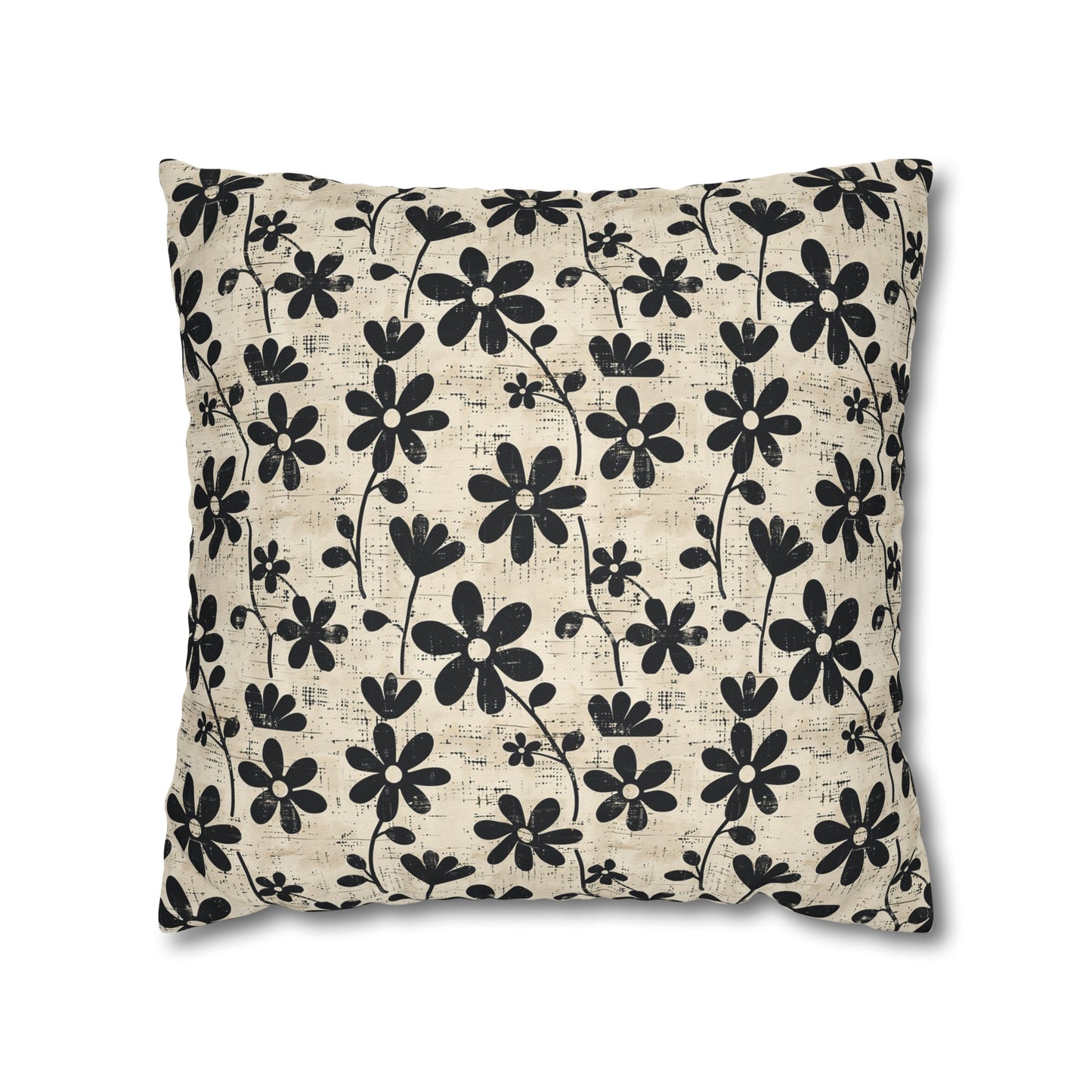 Distressed Black Floral on Beige Background Spun Polyester Square Pillowcase 4 Sizes