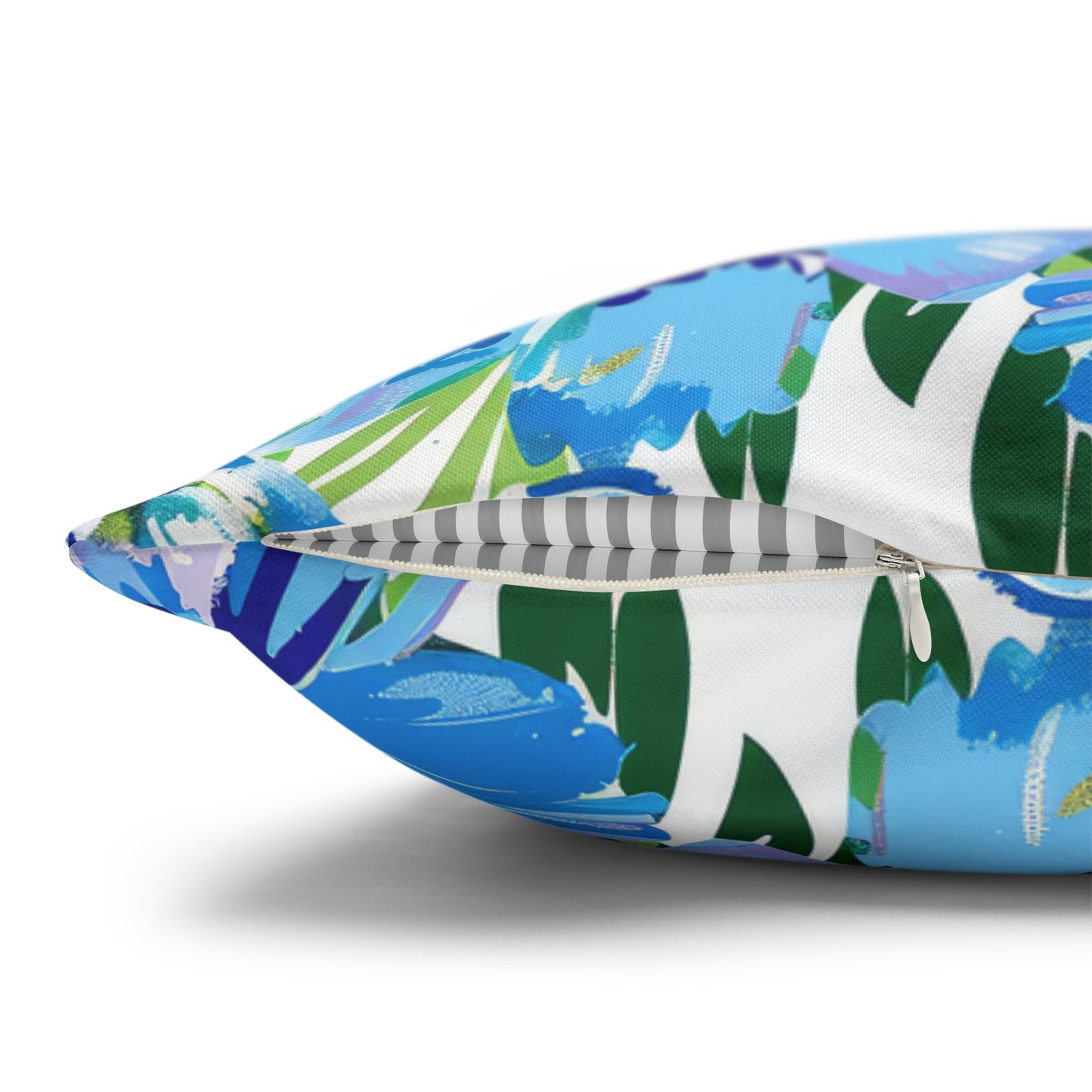 Azure Bloom Oasis: Bright Blue Large Flowers with Lush Green Palm Leaves Spun Polyester Square Pillowcase 4 Sizes