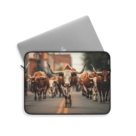 Lone Star Stride: Texas Longhorn Walking Through the Stockyards - Laptop or Ipad Protective Sleeve 3 Sizes