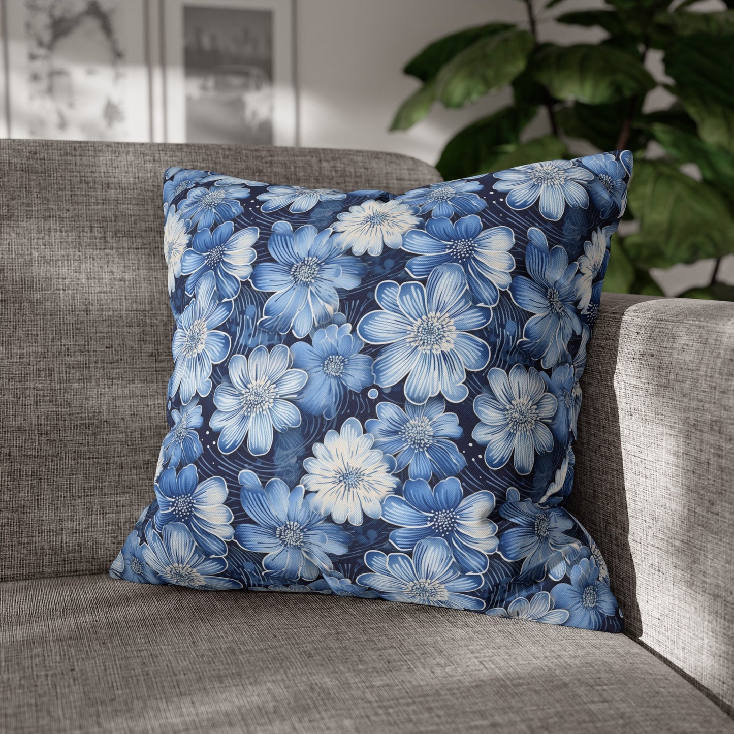 Watercolor Blossom in Blue and White Spun Polyester Square Pillowcase 4 Sizes