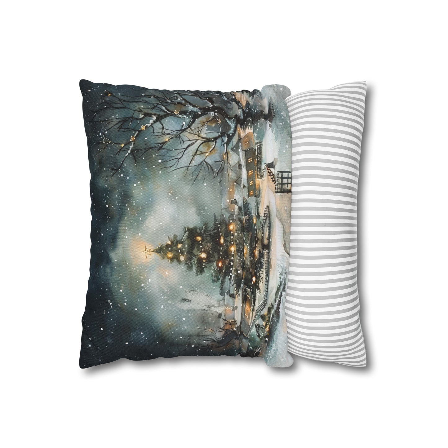 Winter Wonderland Glow: Christmas Tree Illuminating a Snowy Village Spun Polyester Square Pillowcase 4 Sizes