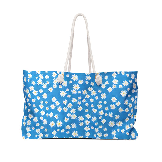 Skys Whisper: Tiny White Daisies on a Serene Blue Oversized Weekender Bag