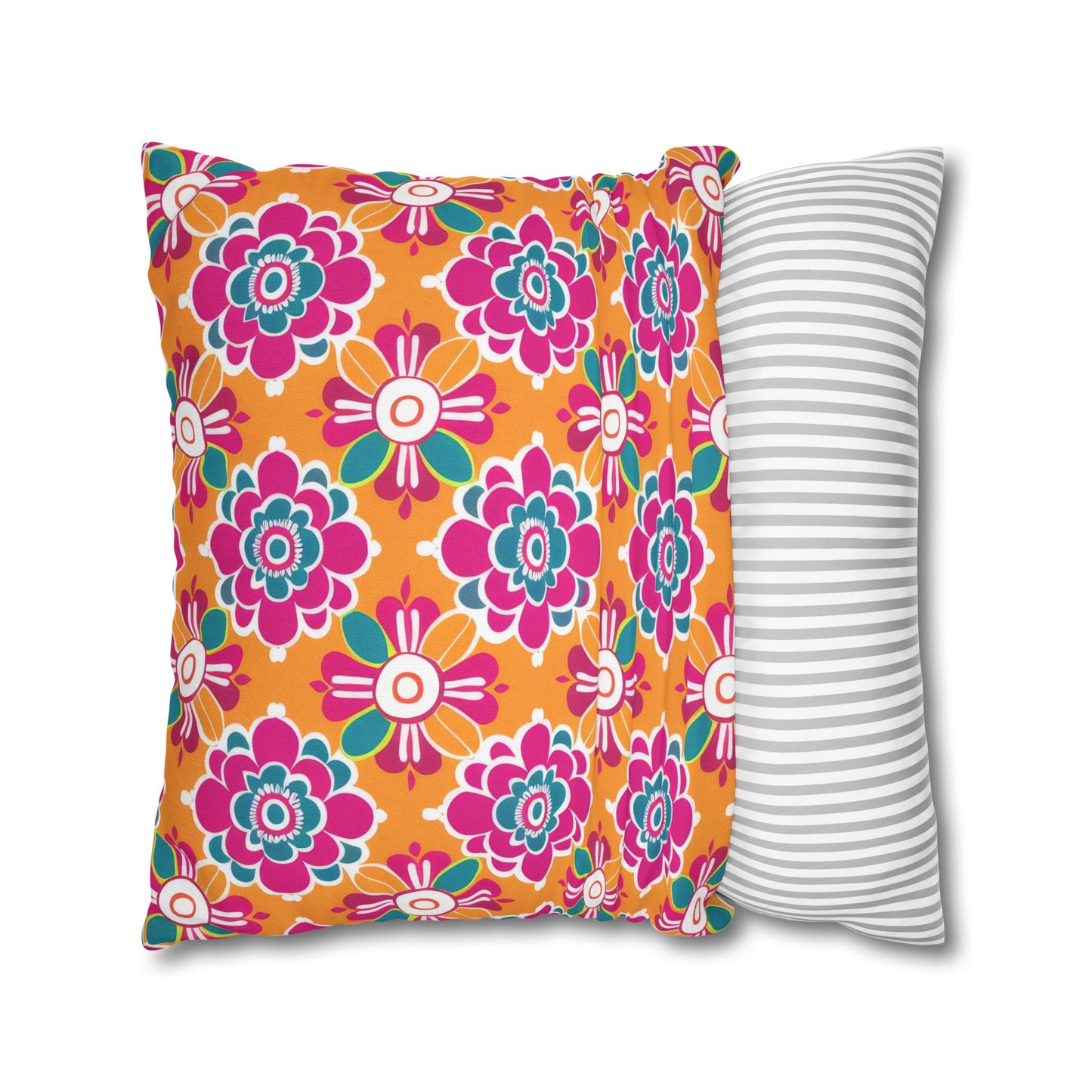 Array of Stylized Floral Motifs in Vivid Pink, Teal, and White Set Against a Warm Orange Backdrop Spun Polyester Square Pillowcase 4 Sizes