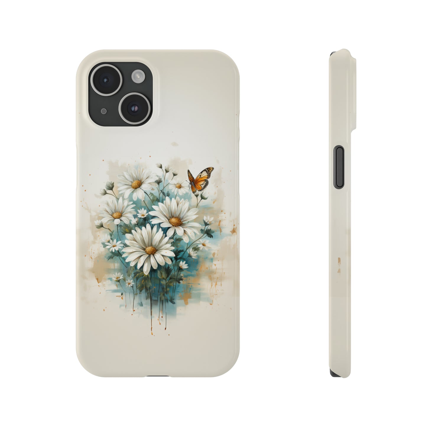 Rustic Farmhouse Teal and White Wild Daisies and Butterflies Iphone 15-12 Slim Phone Case