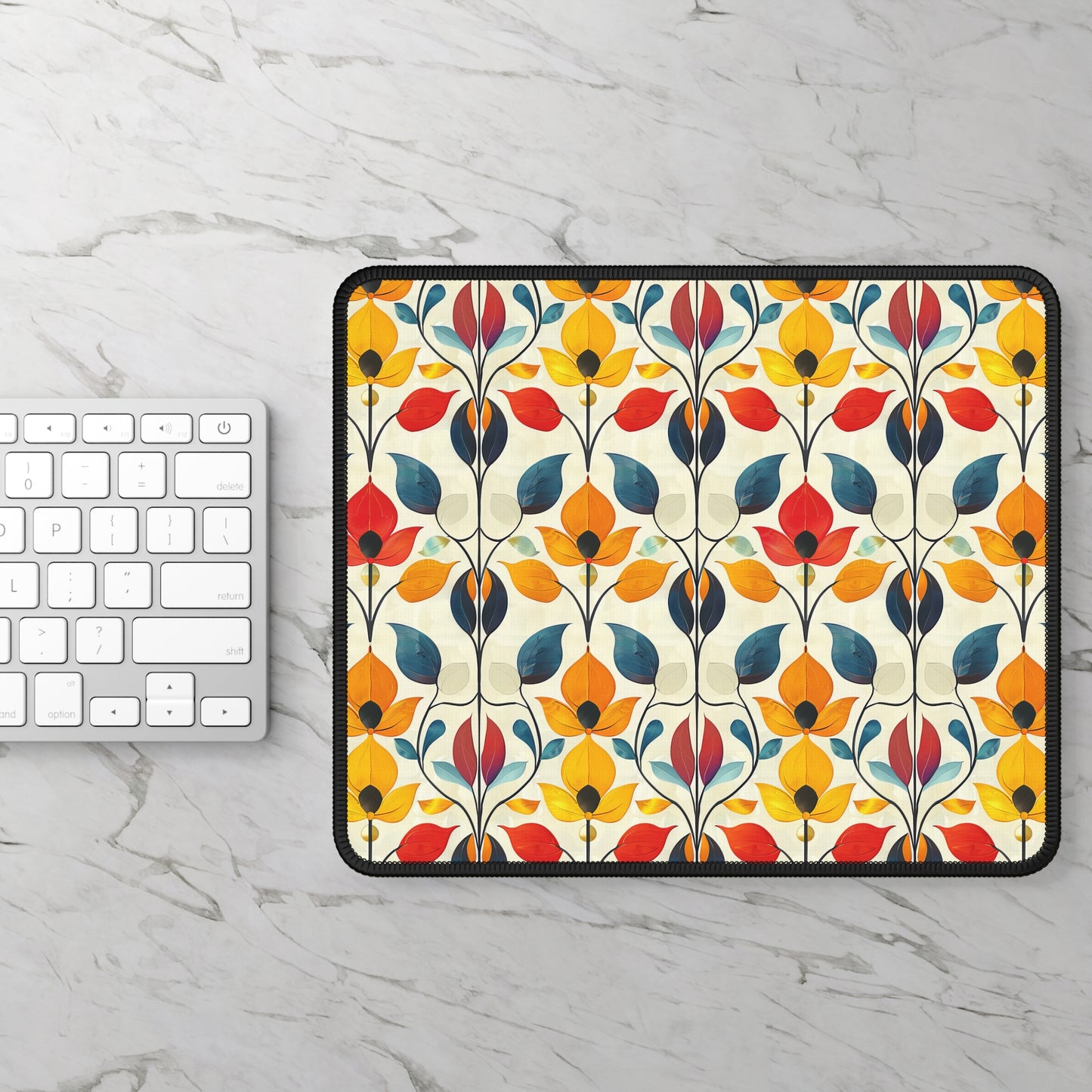 Retro Art Nouveau Vibrant Multicolored Blossoms Gaming Mouse Pad with Finished Edges