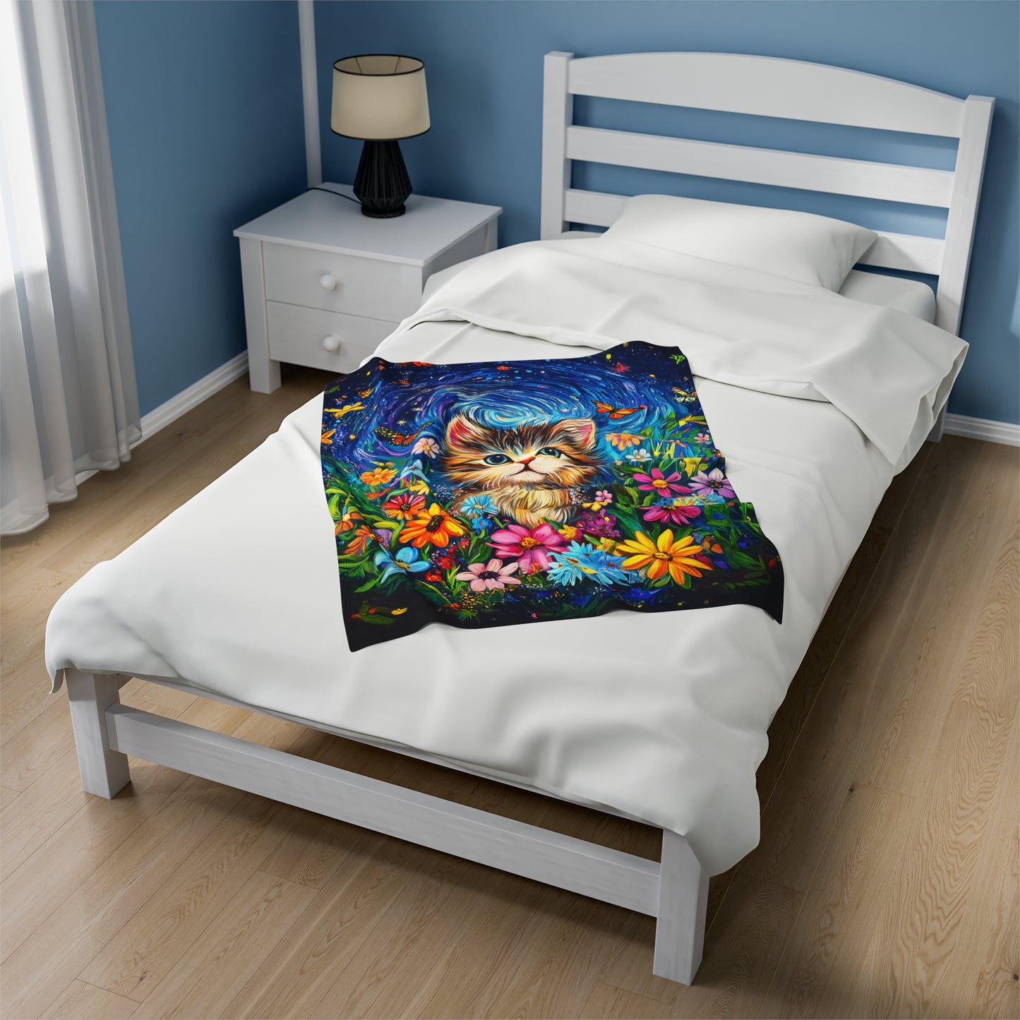 Whimsical Kitten Amidst a Van Gogh-Inspired Floral Fantasy Velveteen Plush Blanket 3 Sizes