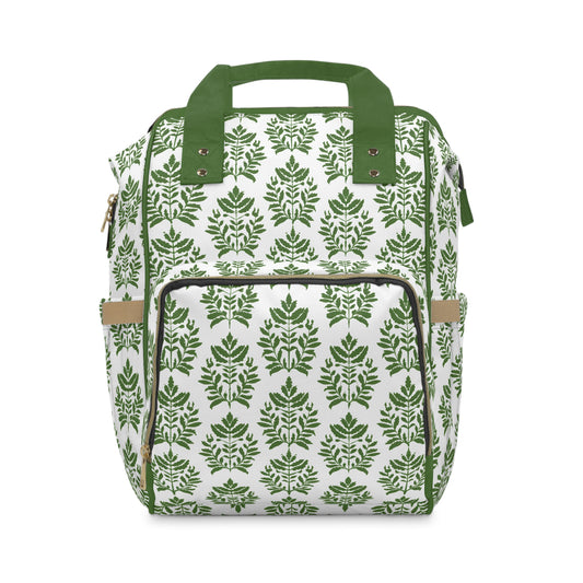 Verdant Harmony in Elegant Green Botanical Block Print Pattern Multifunctional Diaper Backpack