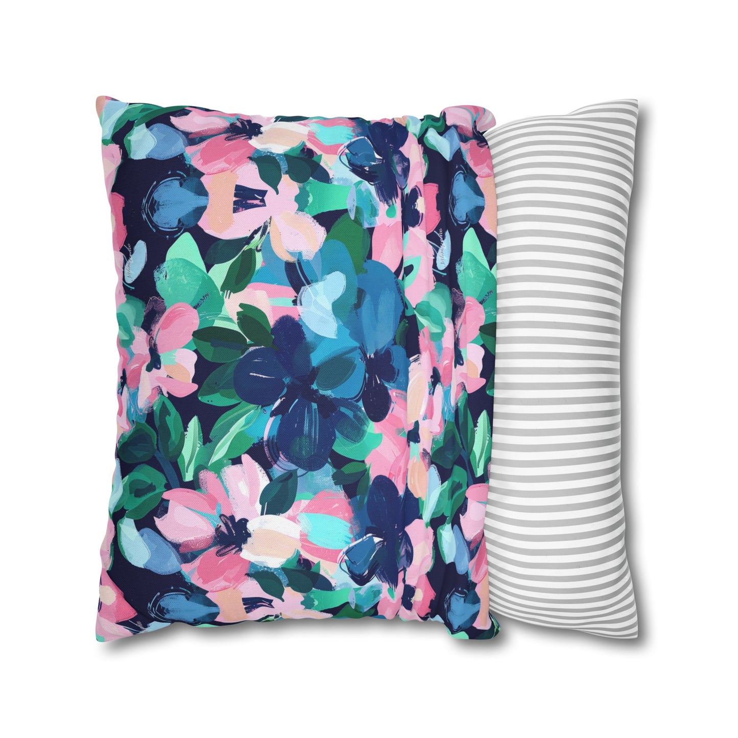 Tranquil Blooms: Muted Blue, Pink, and Green Watercolor Flowers Spun Polyester Square Pillowcase 4 Sizes