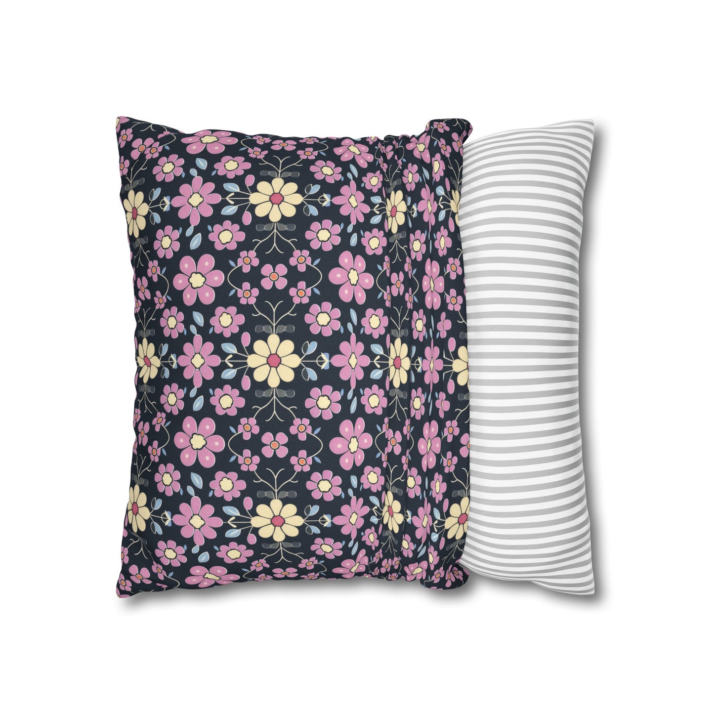 Charming Pastel Pink and Yellow Flowers on Navy Blue Background Spun Polyester Square Pillowcase 4 Sizes