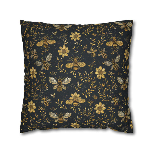 Vintage Honeybee Garden with Elegant Golden Floral Pattern Spun Polyester Square Pillowcase 4 Sizes