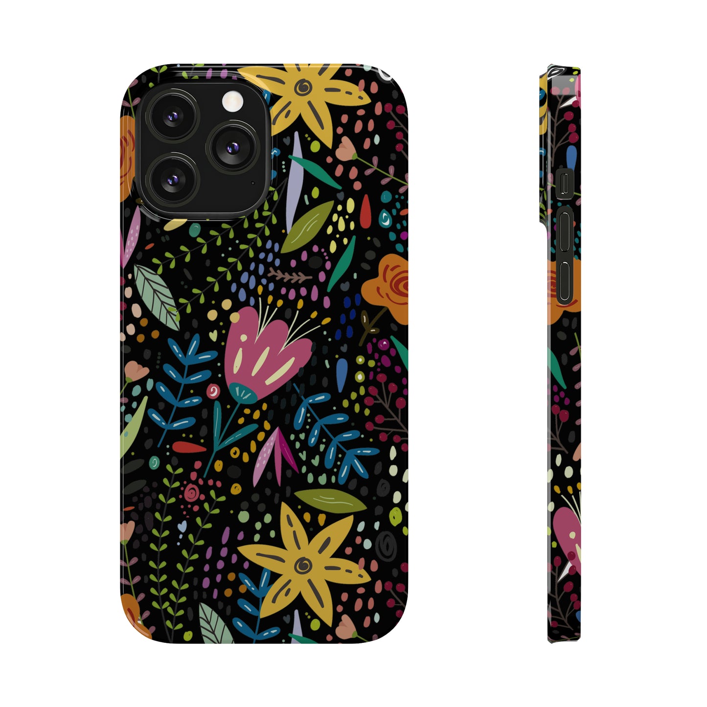 Springtime Splendor: Hand-Drawn Flowers Bursting with Vibrant Colors Design on Black Iphone 15-12 Slim Phone Case