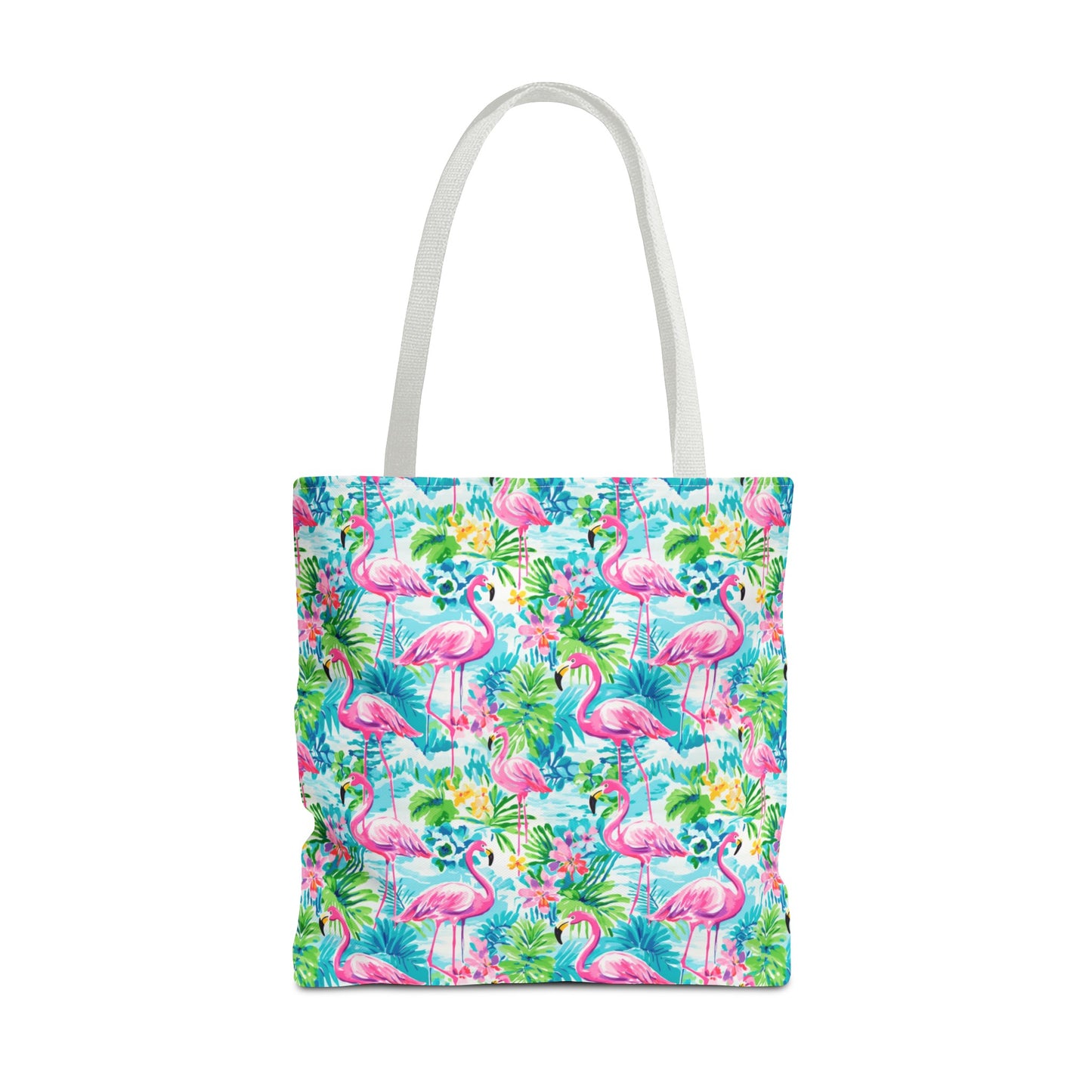 Tropical Flamingo Haven: Surrounded by Flowers and Palm Trees Canvas Tote Bag 3 Sizes