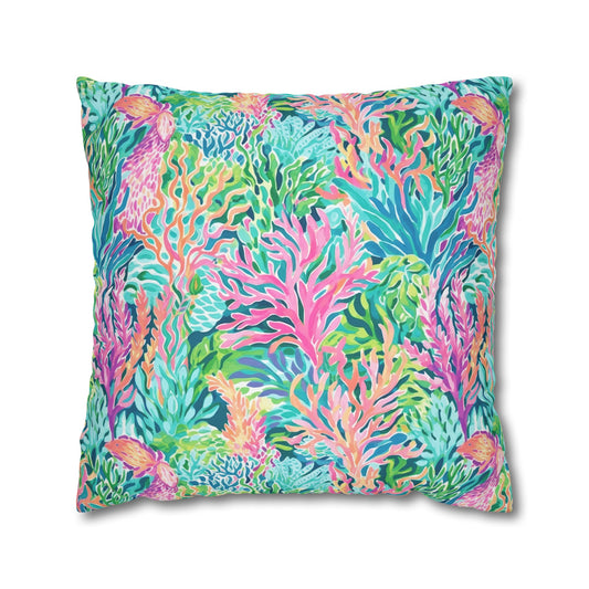 Submerged Spectrum: Vibrant Watercolor Depiction of Underwater Coral Spun Polyester Square Pillowcase 4 Sizes