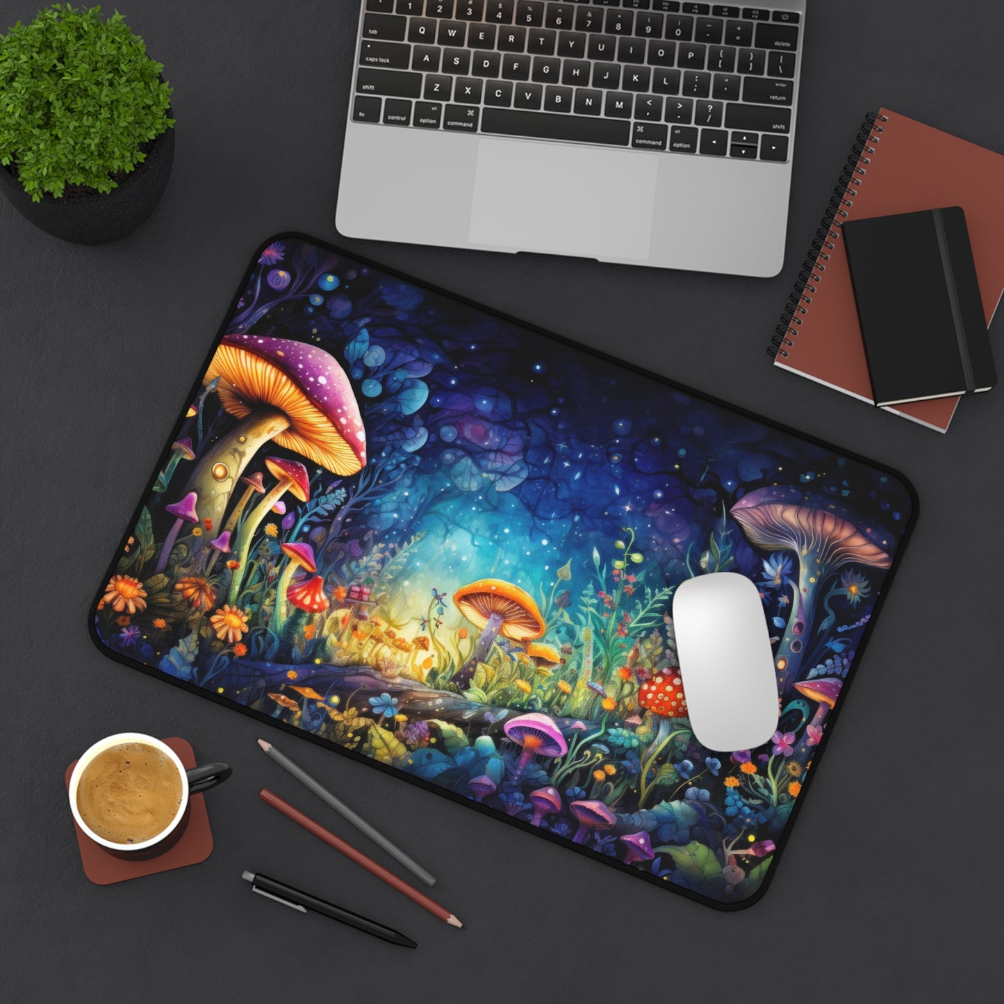 Fantasy Neon Midnight Mushroom and Flower Garden - Desk Mat Extended Gaming Mouse Pad 3 Sizes