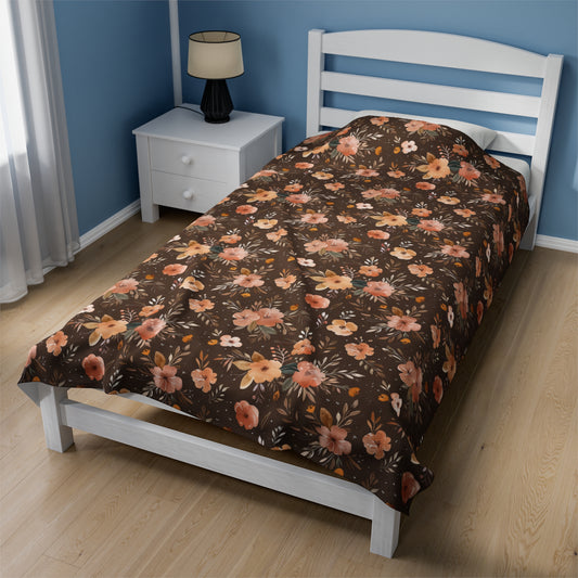 Autumn Elegance Watercolor Floral Pattern in Warm Earthly Tones Velveteen Plush Blanket 3 Sizes