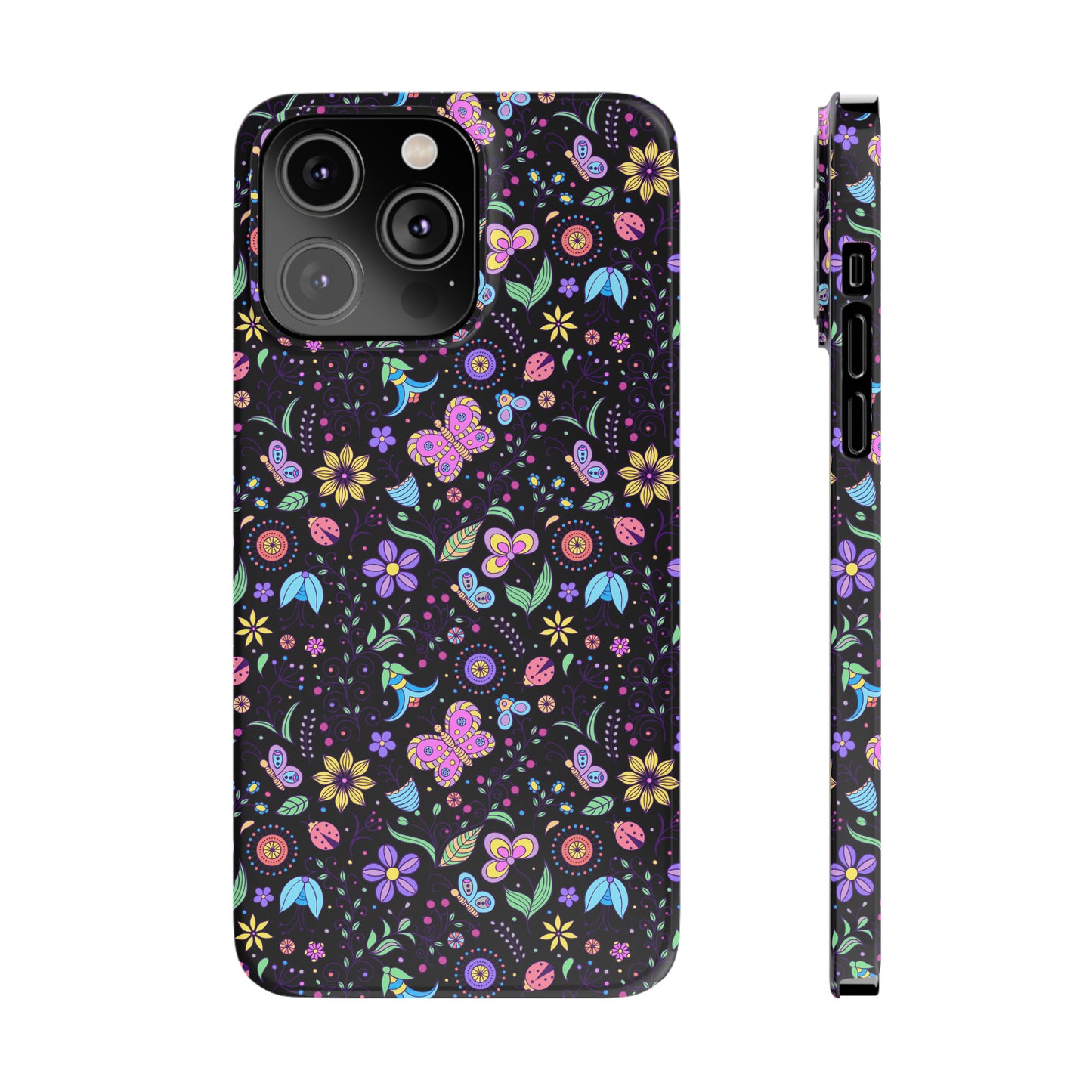 Butterflies and Flowers Black Background Iphone 15-12 Slim Phone Case