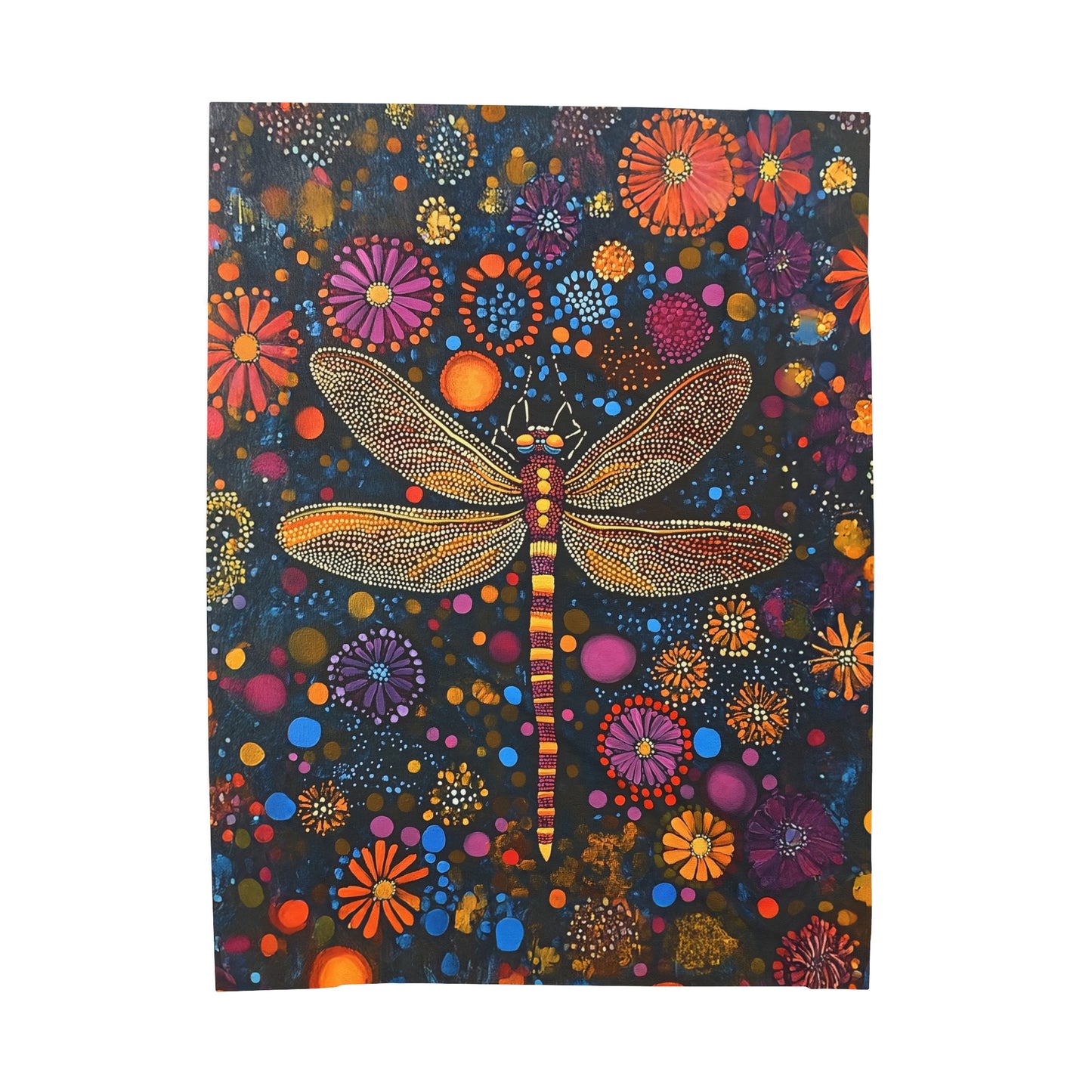 Vibrant Dragonfly Amidst a Kaleidoscope of Dot-Painted Blooms Velveteen Plush Blanket 3 Sizes