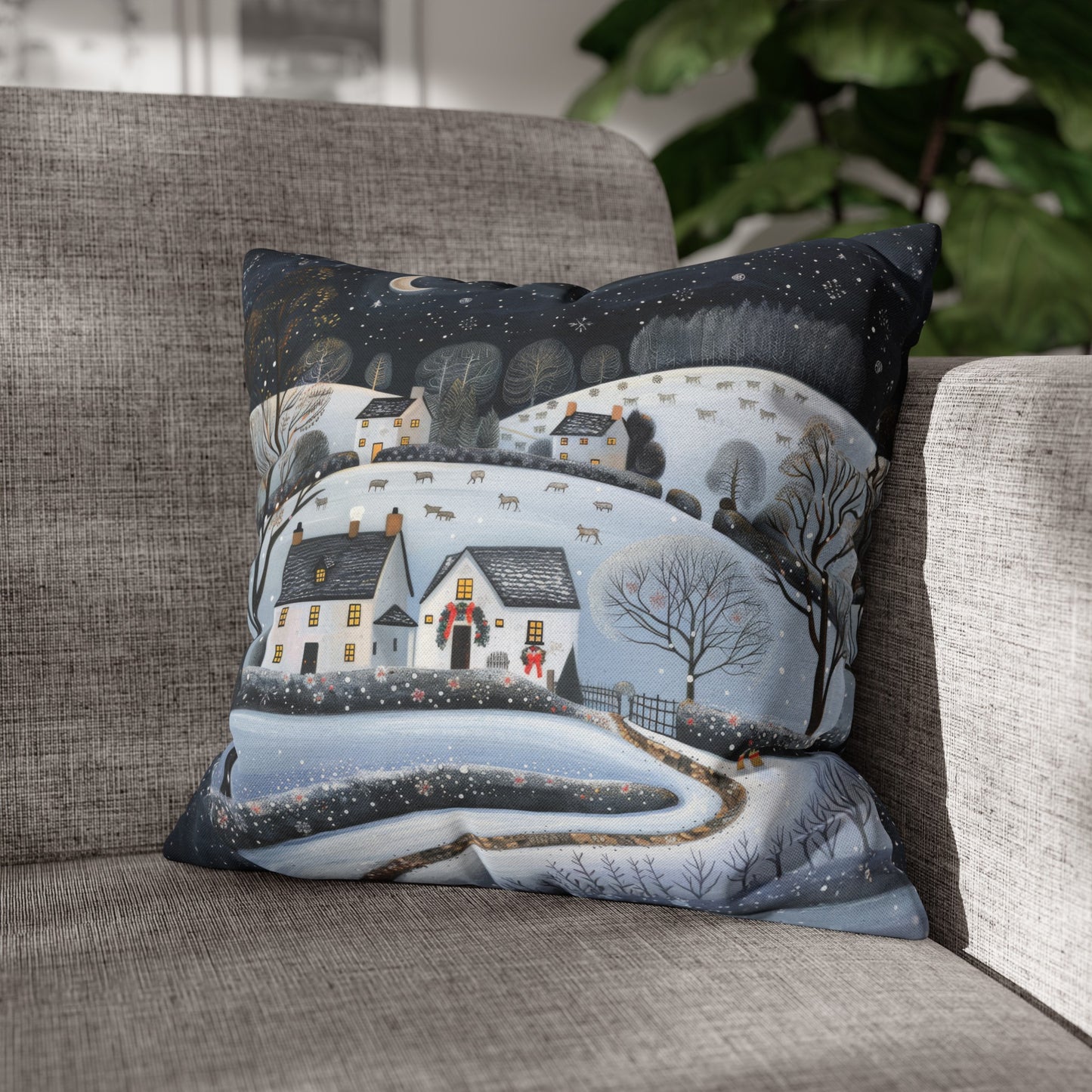 Starry Serenity: Rolling Hills on a Snowy Night, Stars Sparkling in the Sky Spun Polyester Square Pillowcase 4 Sizes