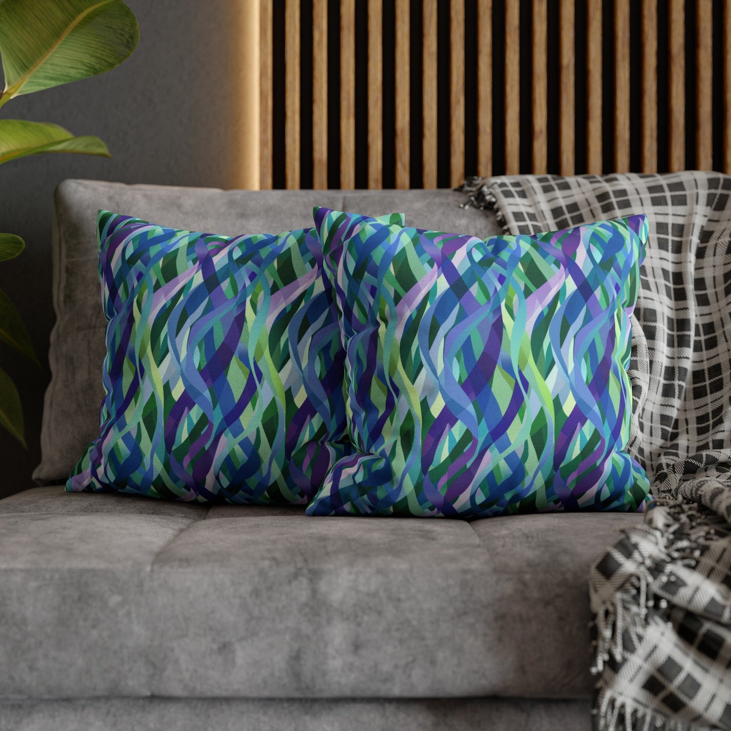 Vibrant Purple Blue and Green Ribbons Spun Polyester Square Pillowcase 4 Sizes