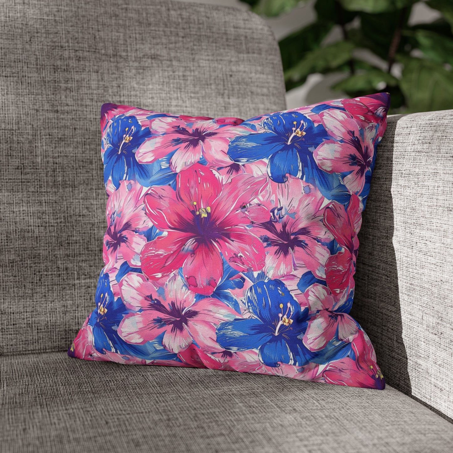 Blooming Bliss: Large Pink and Blue Blossoms in Full Bloom Spun Polyester Square Pillowcase 4 Sizes