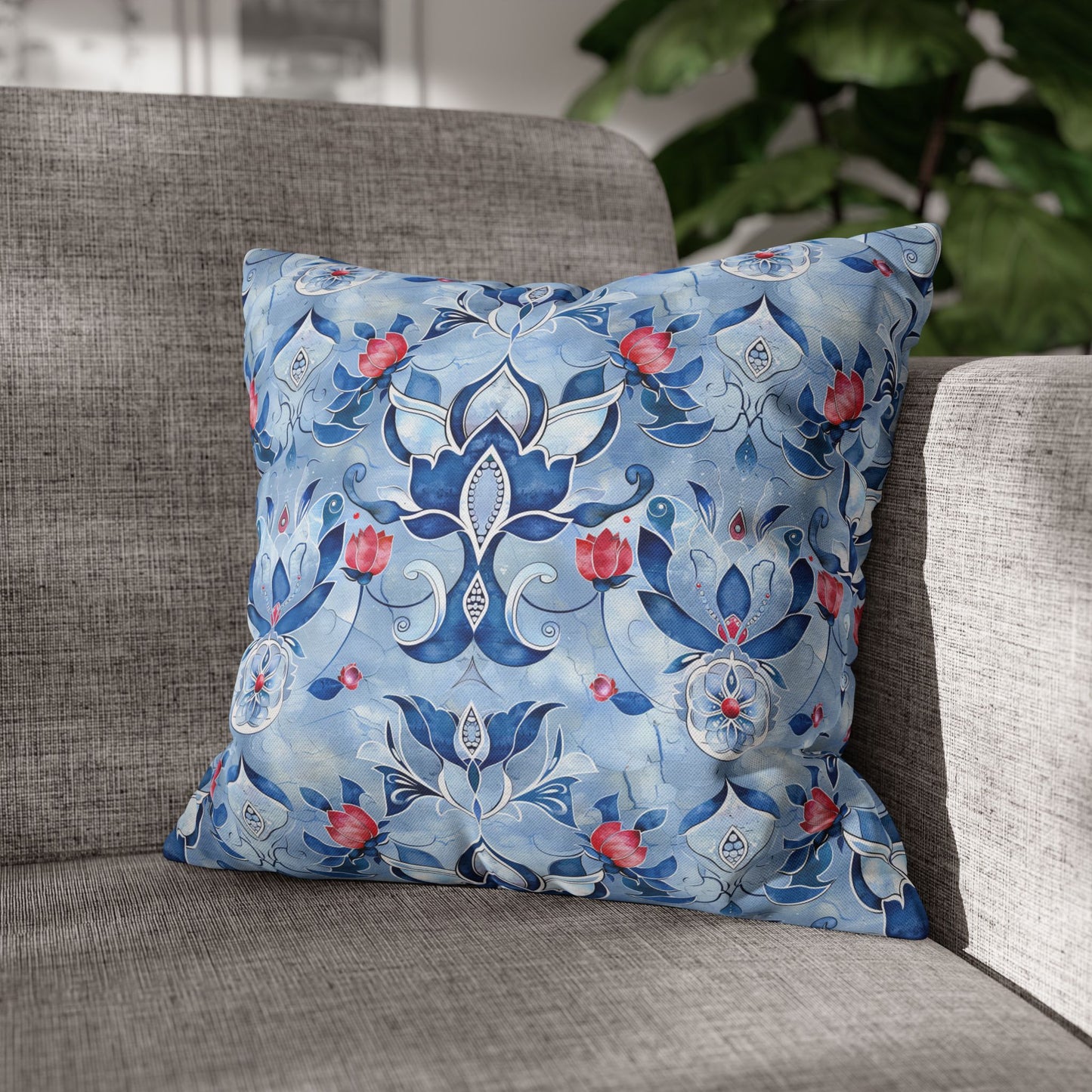 Enchanting Blue and Pink Lotus Mosaic Spun Polyester Square Pillowcase 4 Sizes