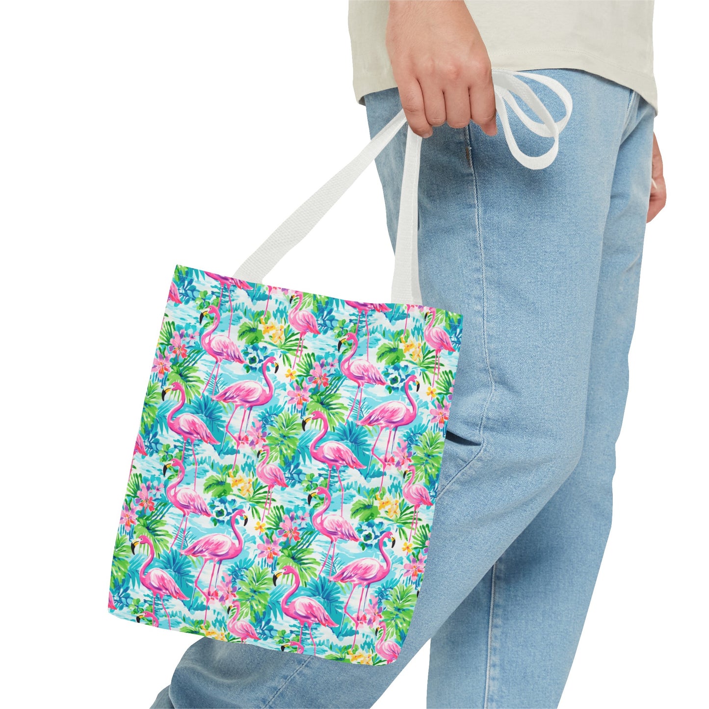 Tropical Flamingo Haven: Surrounded by Flowers and Palm Trees Canvas Tote Bag 3 Sizes