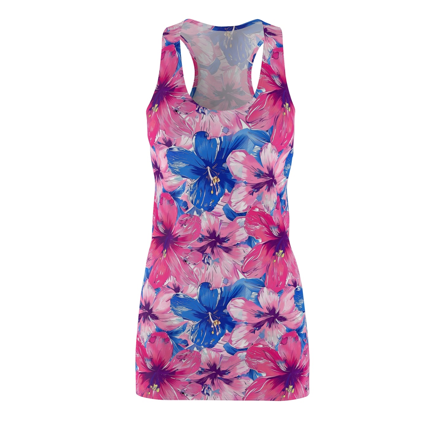 Blooming Bliss: Large Pink and Blue Blossoms in Full Bloom Women's Racerback Dress XS - 2XL