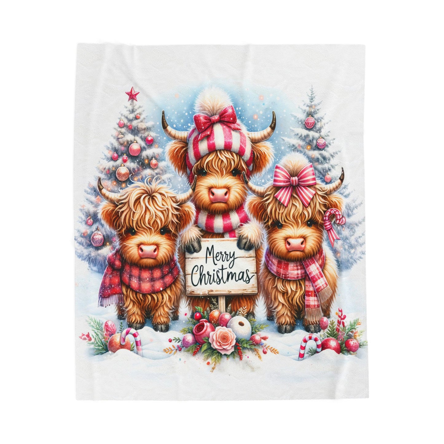 Baby Highland Cows Merry Christmas Peppermint Holiday Velveteen Plush Blanket 3 Sizes