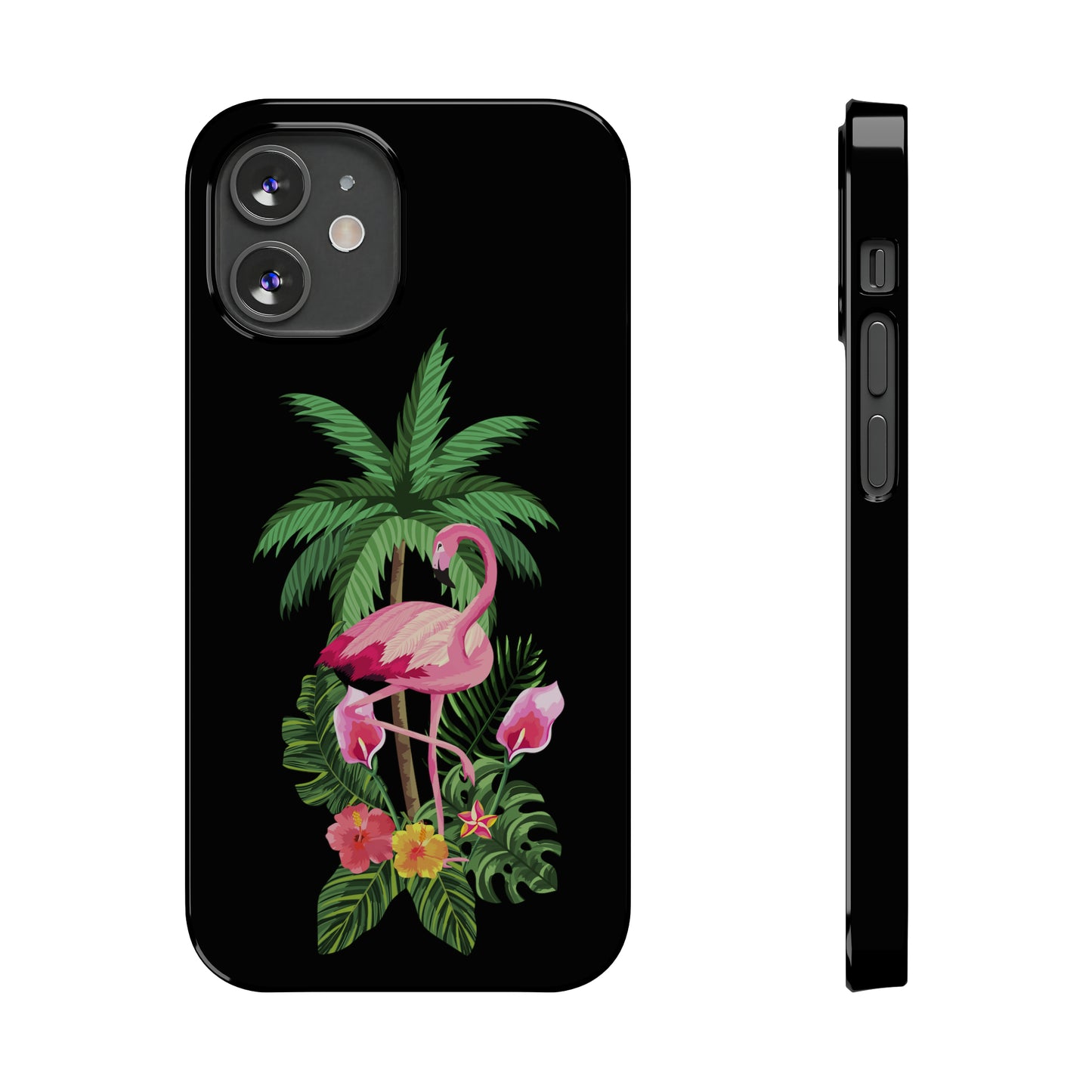 Tropical Pink Flamingo and Flowers Black Background Iphone 15-12 Slim Phone Case