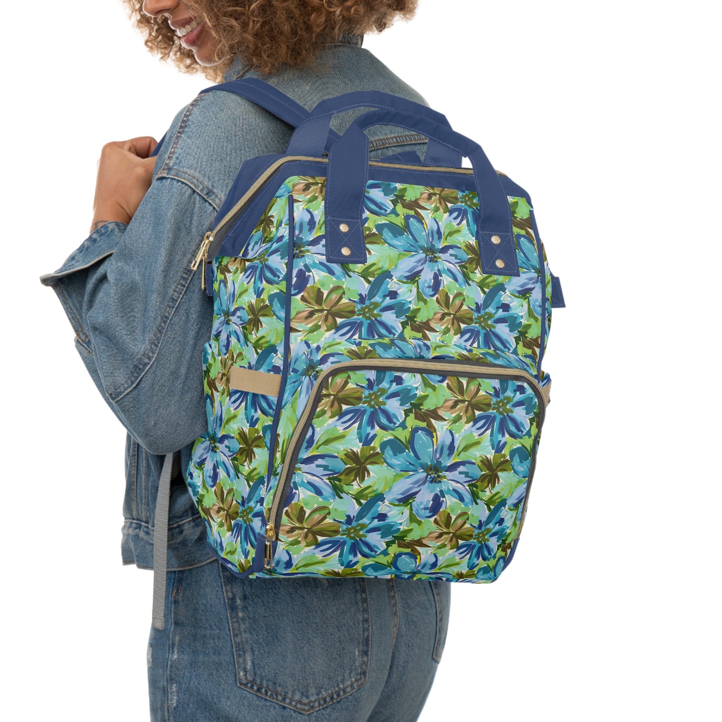 Tranquil Earth Tones: Watercolor Flowers in Blue, Brown, and Green Hues Multifunctional Diaper Backpack