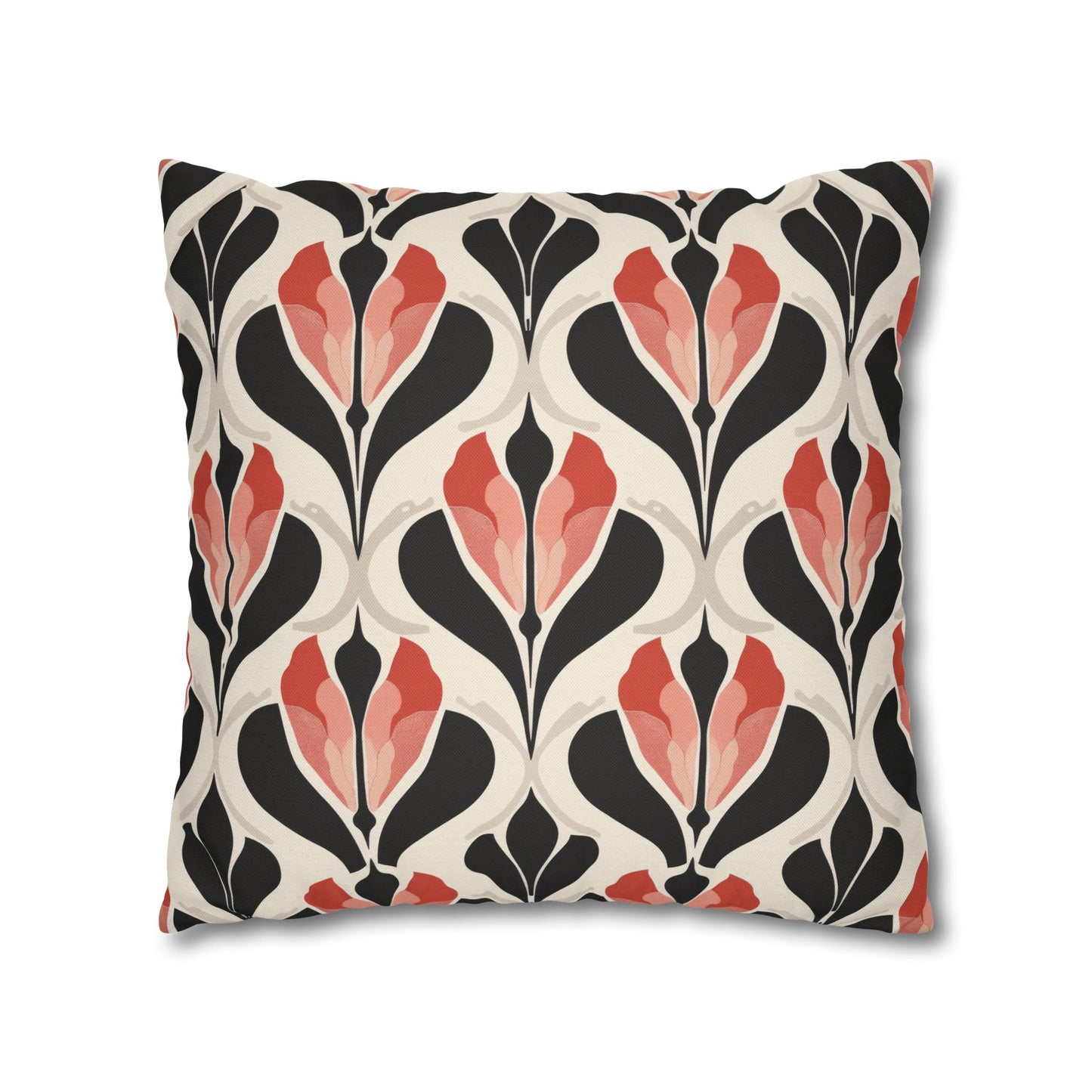 Art Deco Elegance Red Floral Motif on Cream Spun Polyester Square Pillowcase 4 Sizes