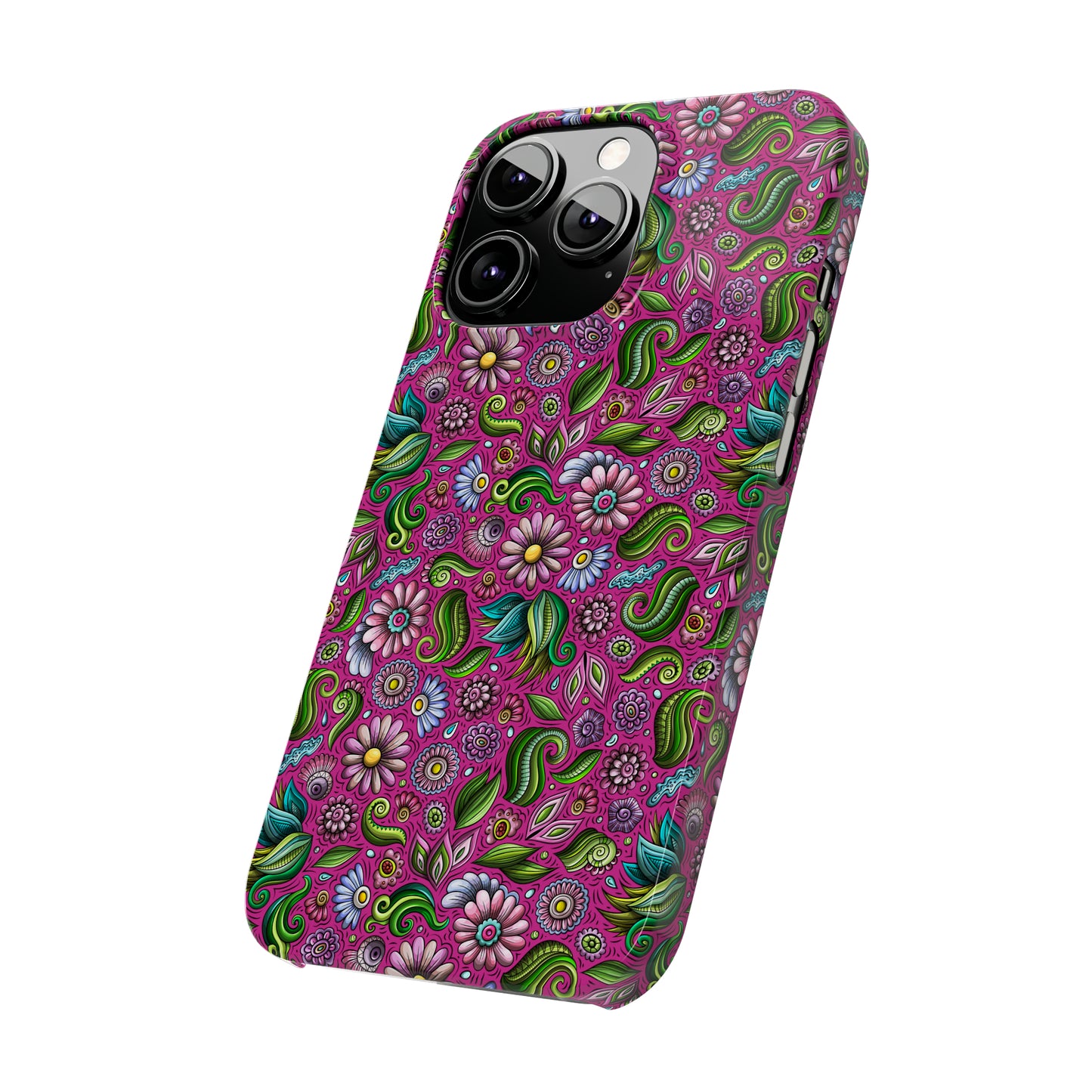 Purple & Pink Daisy Floral Print Hot Pink Background Iphone 15-12 Slim Phone Case