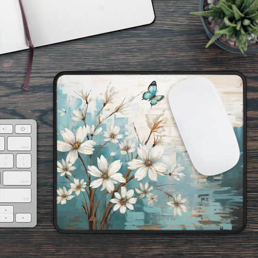 Rustic Farmhouse White and Teal Wild Daisies and Butterflies Gaming Mouse Pad with Finished Edges