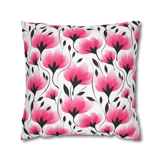 Elegant Modern Pink and Black Floral Blooms Spun Polyester Square Pillowcase 3 Sizes